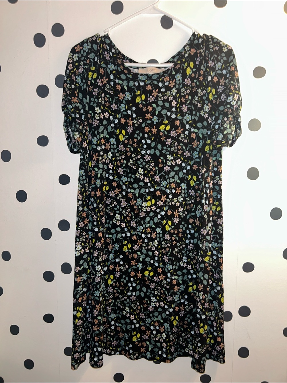 LOFT Black Floral 💐Shift Dress 👗 with Blue, Pink & Green Accents